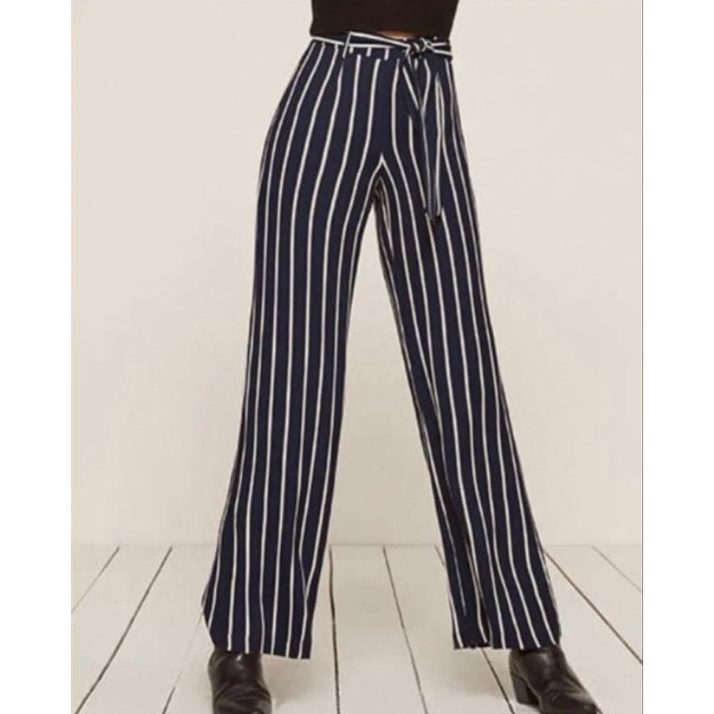 Reformation Belmont Size 8 Wide Leg Black White Striped Pants Belted Lightweight